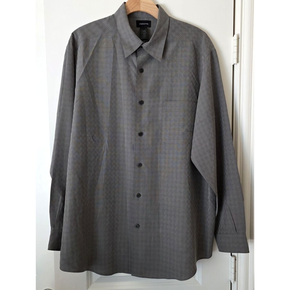 Claiborne Men's XL Gray Check Dress Shirt Long Sleeve Collared Woven Rayon Blend